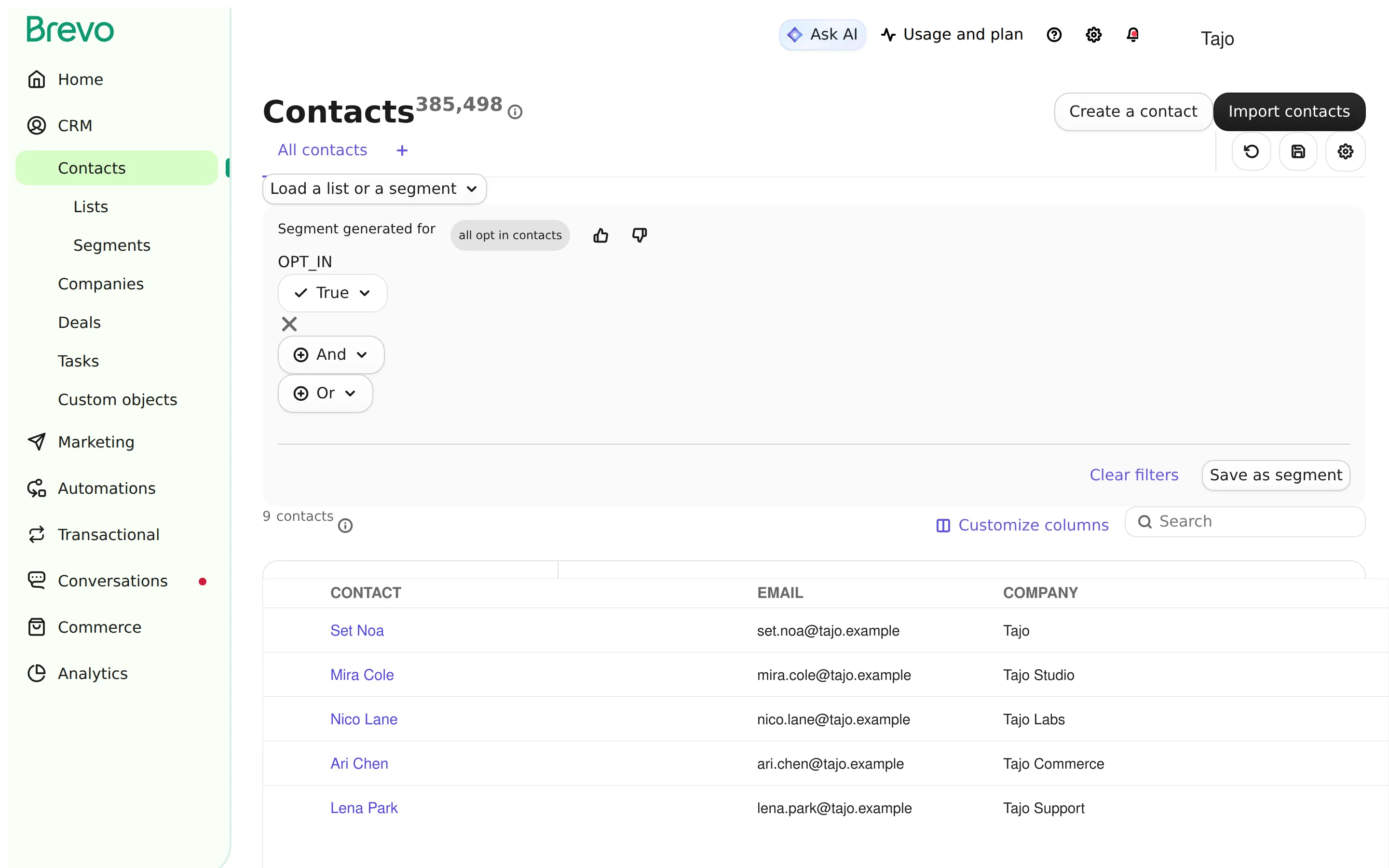 Brevo CRM contact list showing customers with avatars, emails, and company information