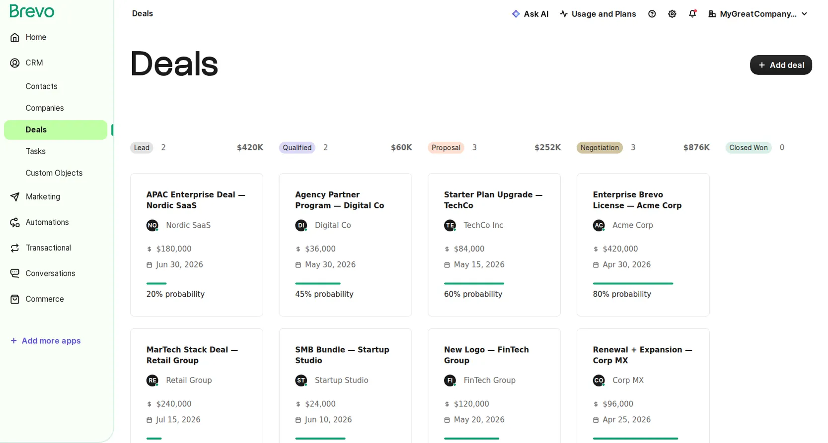 Brevo CRM deals kanban pipeline view with deal stages and contact scoring