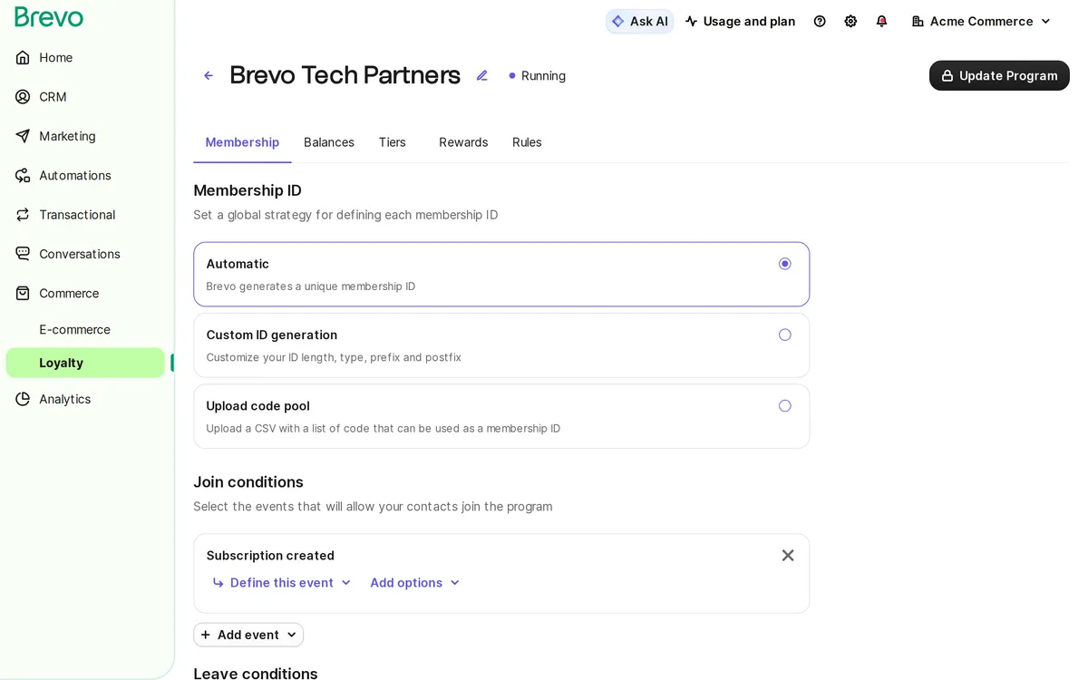 Brevo loyalty dashboard showing points balance, tiers, and reward programme analytics