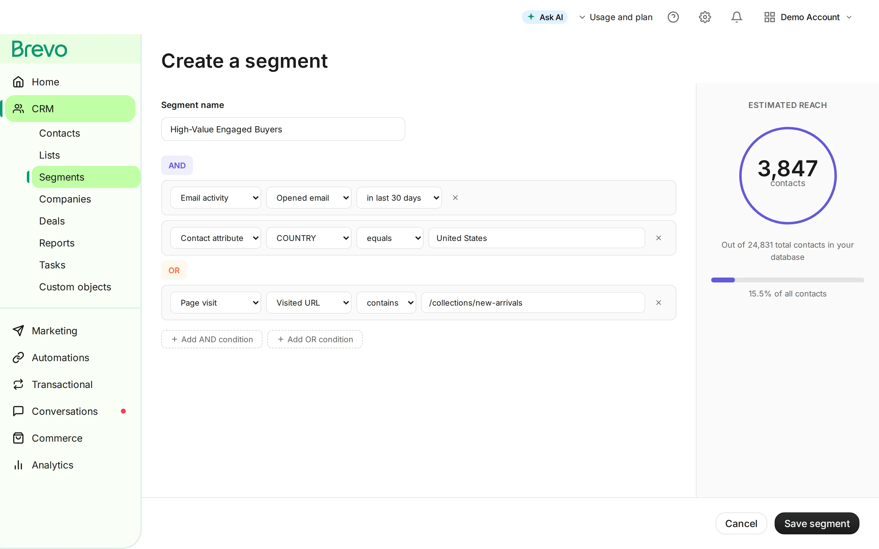 Brevo segment builder showing dynamic filters for high-value engaged buyers with estimated reach