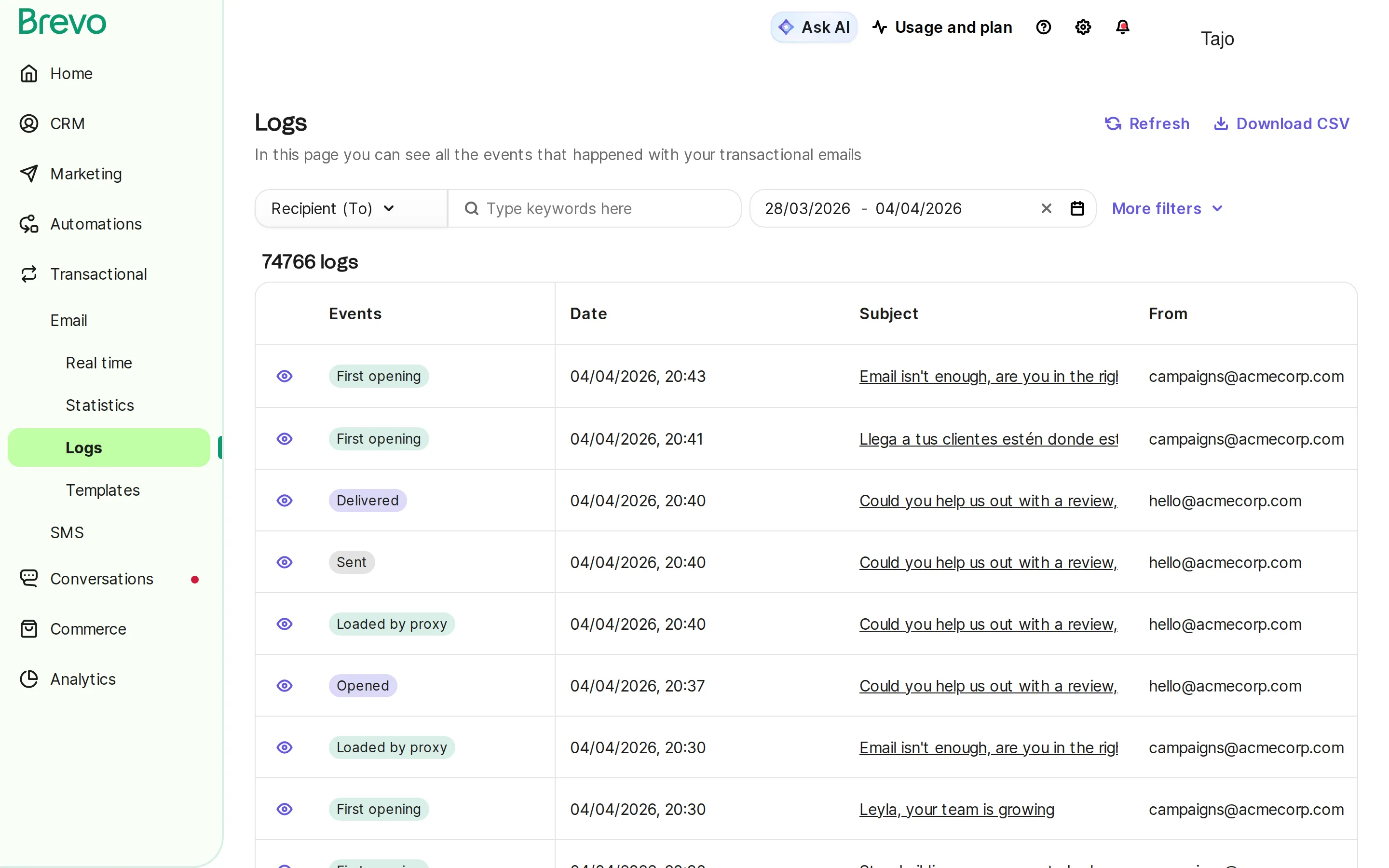 Brevo transactional logs showing delivered, opened, clicked, and sent events with subject lines and timestamps