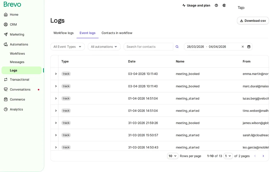 Automations Logs Events Brevo interface screenshot