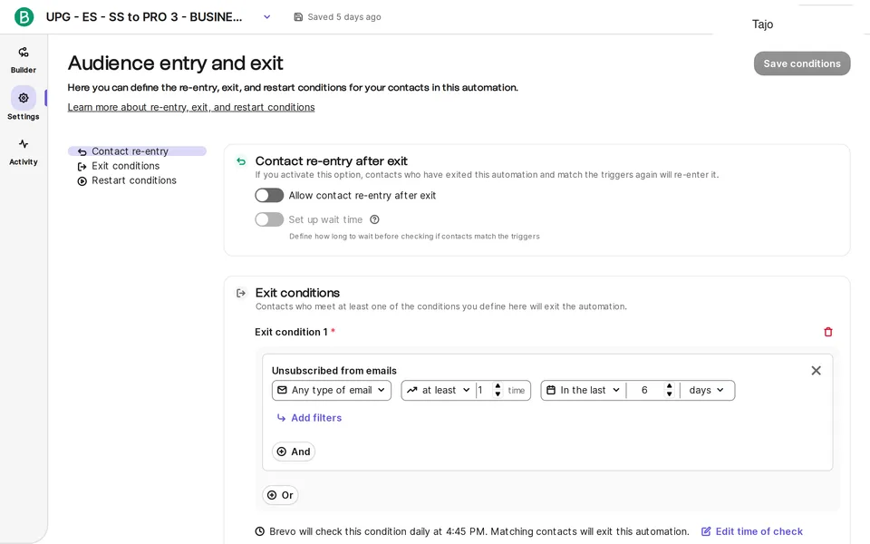 Automations Settings Brevo interface screenshot