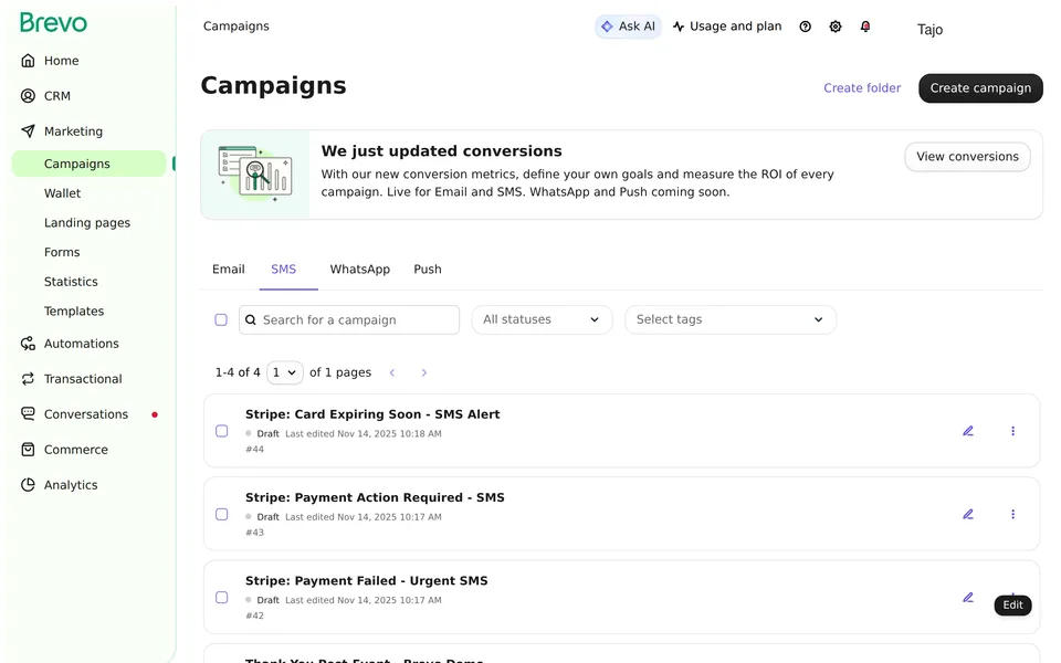 Campaigns Listing Sms Brevo interface screenshot