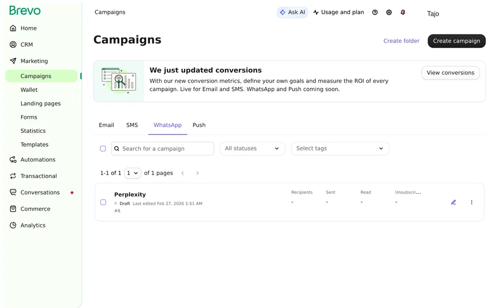 Campaigns Listing Whatsapp Brevo interface screenshot