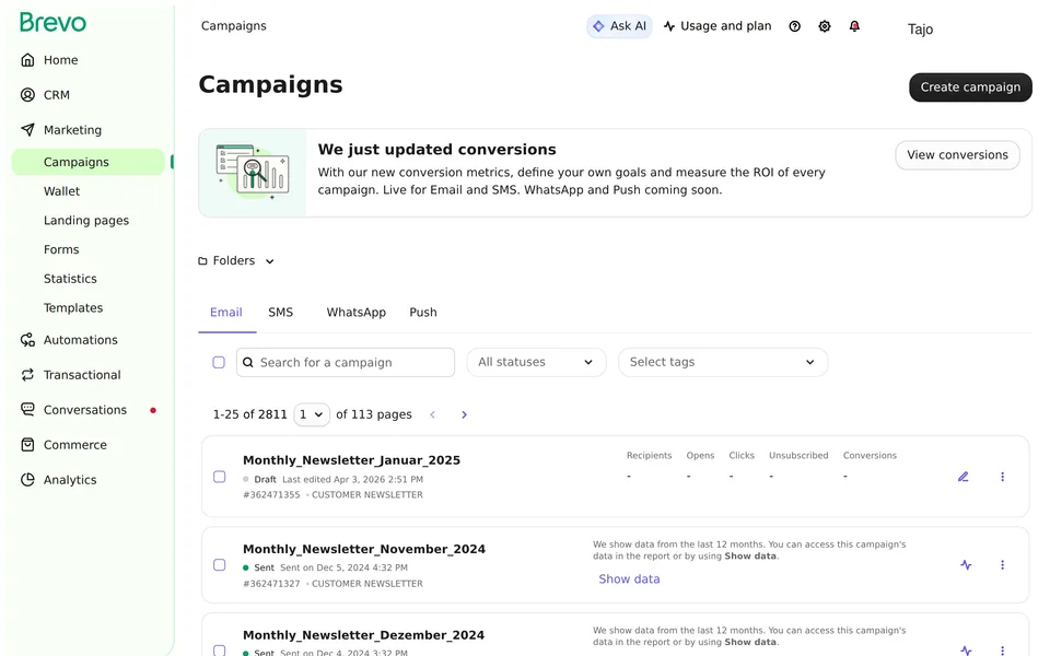 Campaigns Listing Brevo interface screenshot
