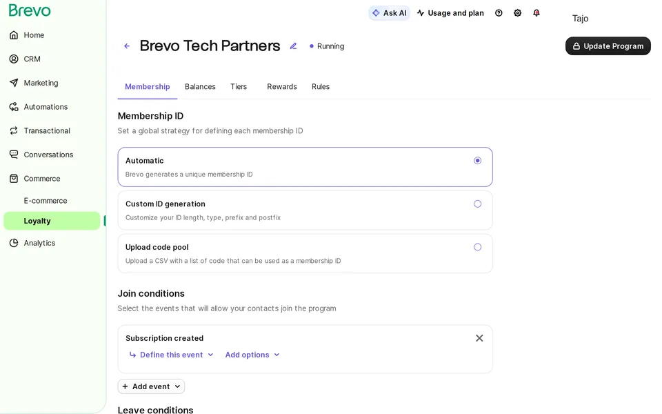 Commerce Loyalty Dashboard Brevo interface screenshot