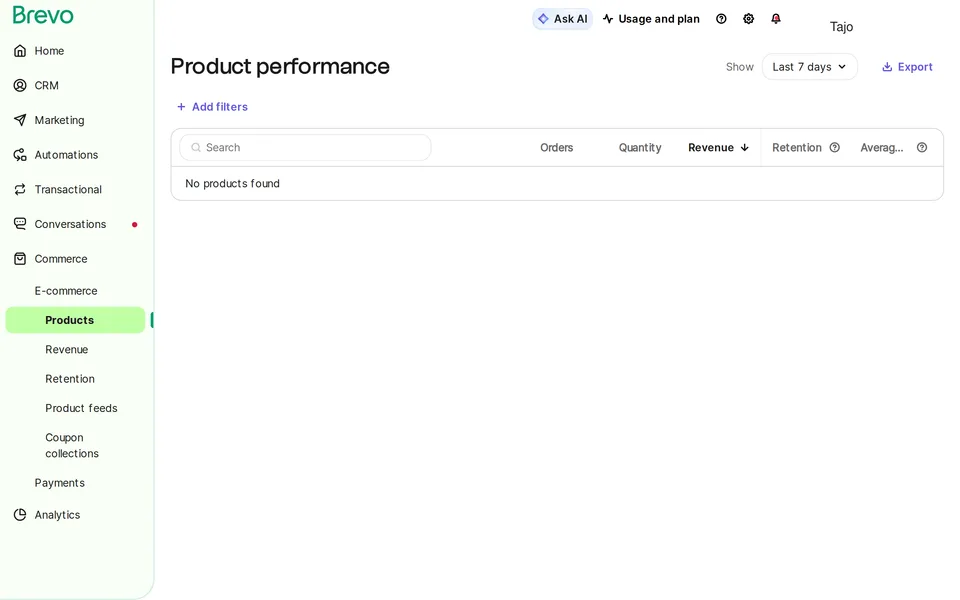 Commerce Products Brevo interface screenshot
