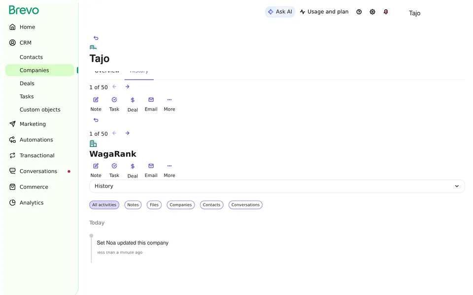 Companies Detail Brevo interface screenshot