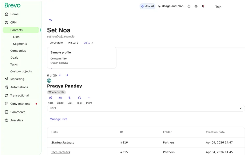 Contact Index Brevo interface screenshot