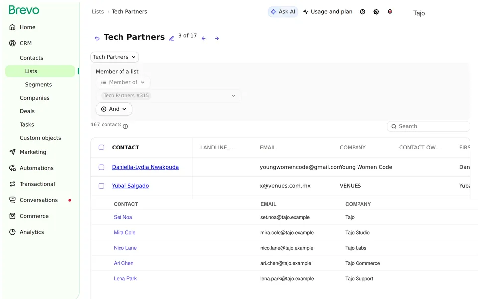 Contact List Listing Id 315 Brevo interface screenshot