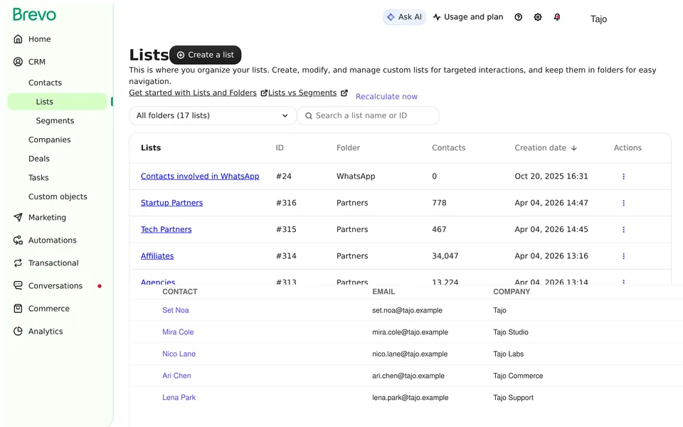Contact List Listing Brevo interface screenshot