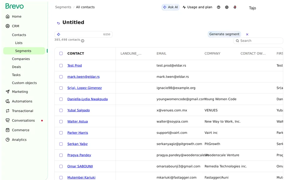 Contact Segment Id New Ai True Brevo interface screenshot