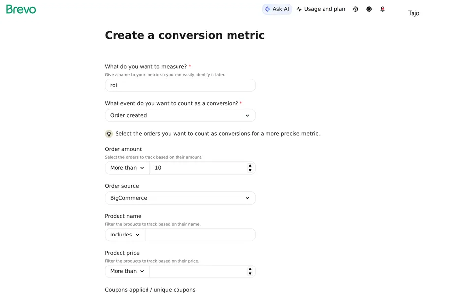 Conversions Create Brevo interface screenshot
