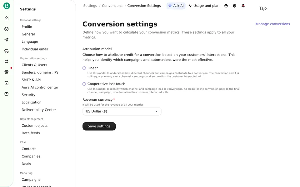 Conversions Settings Brevo interface screenshot