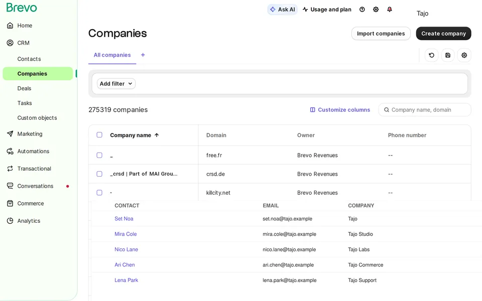 Crm Companies Brevo interface screenshot