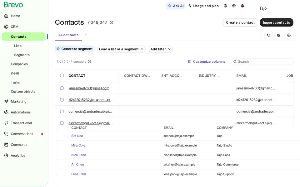Crm Contacts Brevo interface screenshot