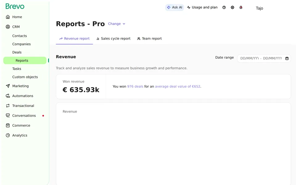 Crm Dashboard Reports Revenue Brevo interface screenshot