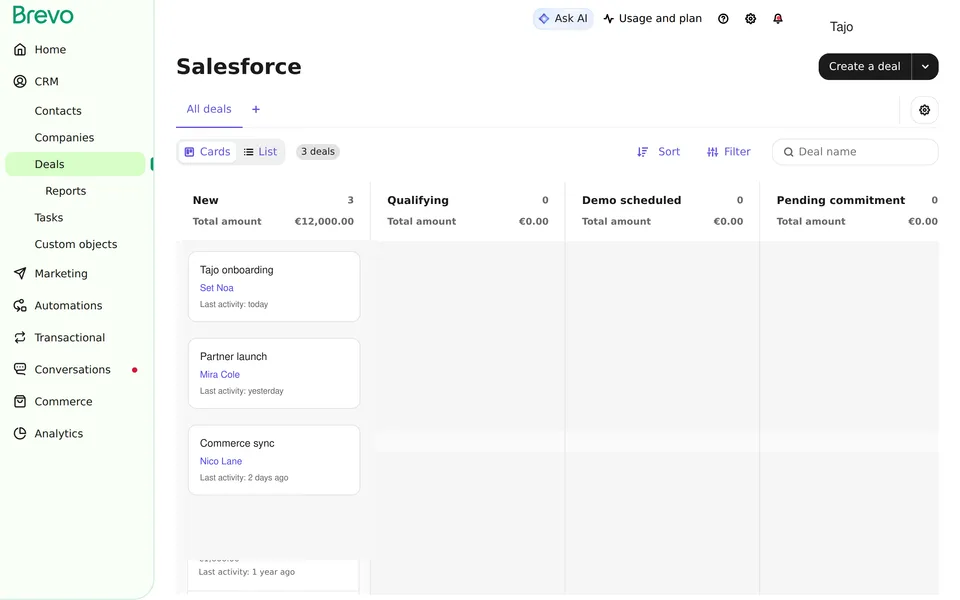 Crm Deals Kanban Pipeline Brevo interface screenshot
