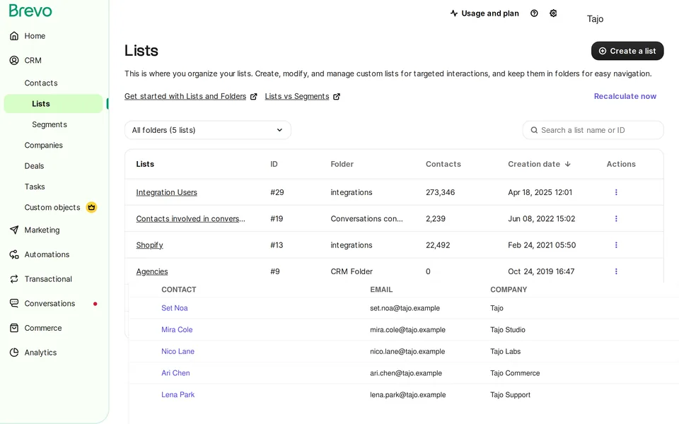 Crm Lists Brevo interface screenshot