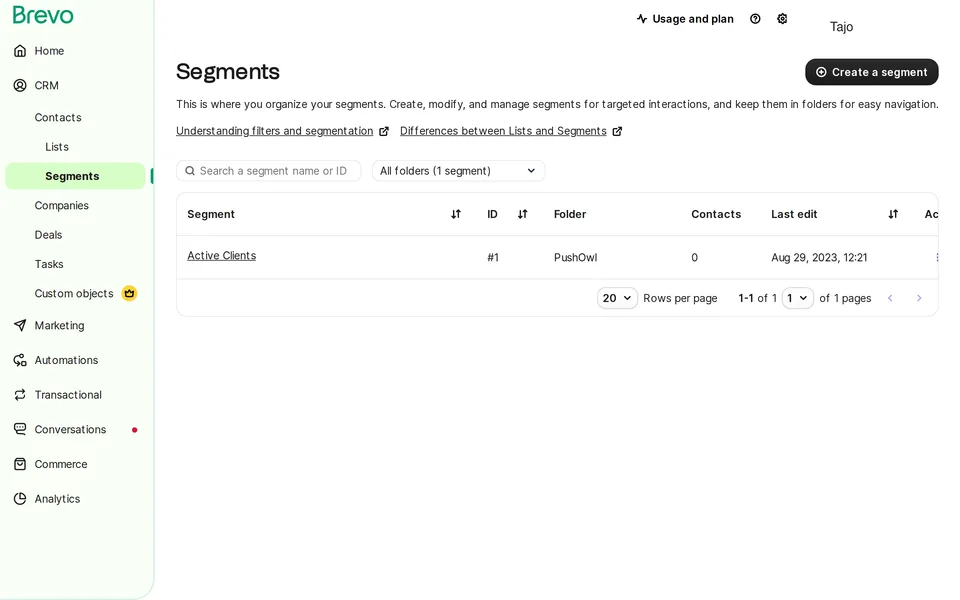 Crm Segments Brevo interface screenshot