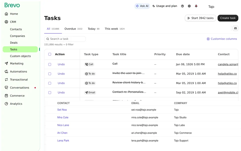 Crm Tasks Brevo interface screenshot