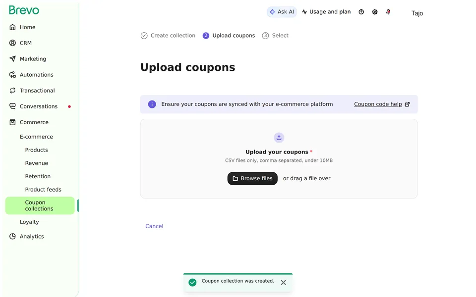 Ecommerce Coupons New Brevo interface screenshot