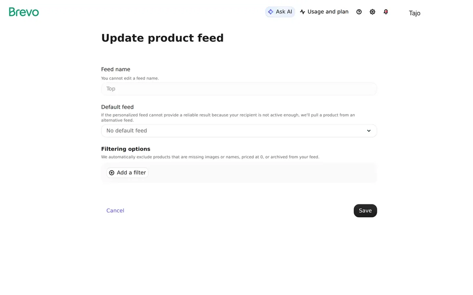 Ecommerce Feeds Brevo interface screenshot