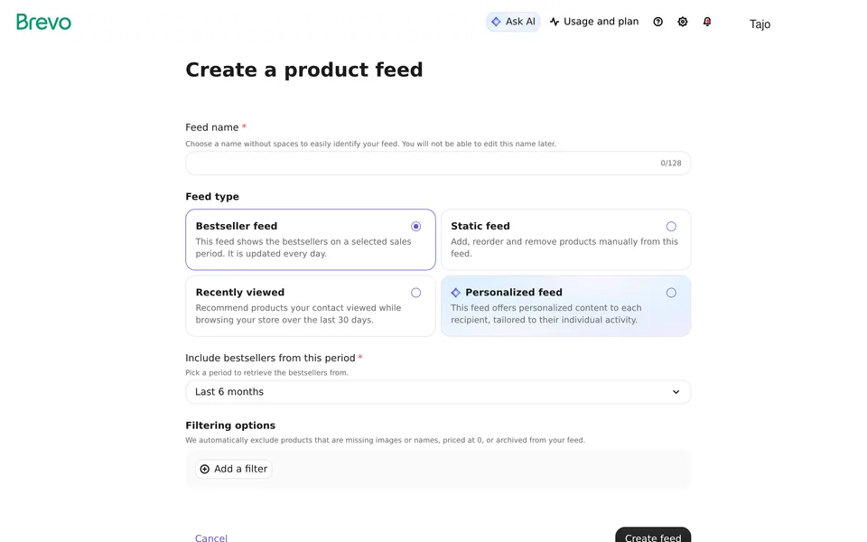 Ecommerce Feeds New Brevo interface screenshot