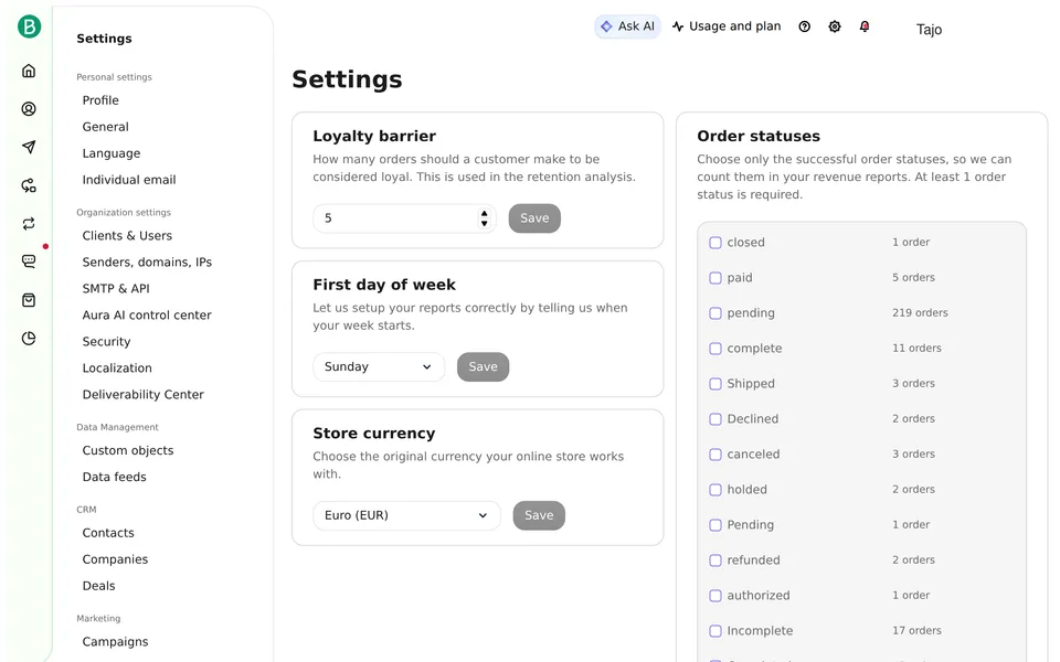 Ecommerce Settings Brevo interface screenshot