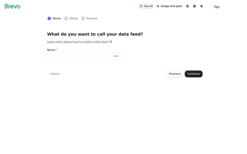 External Feeds Create Feed Brevo interface screenshot