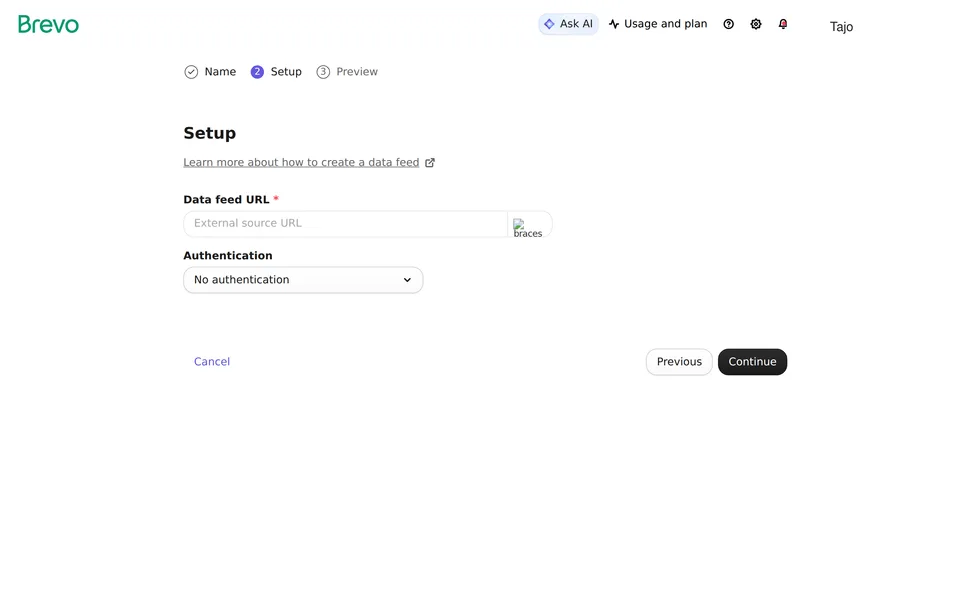 External Feeds Feed Setup 5ad7bd1f Eb70 427c 903a Be9f4a5a50 Brevo interface screenshot