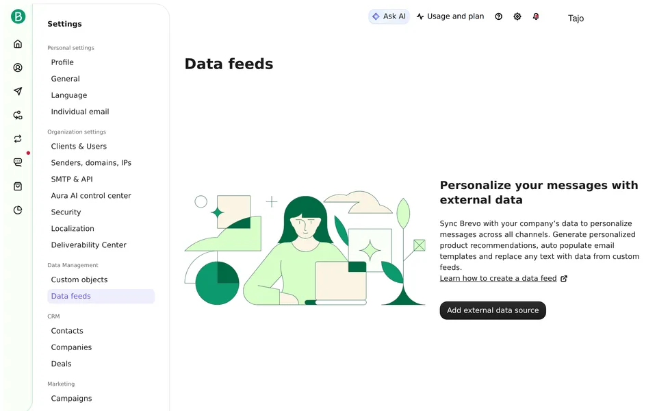 External Feeds Listing Brevo interface screenshot