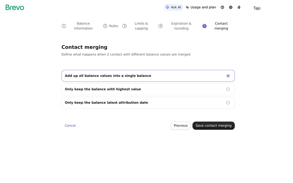 Loyalty Balance Contact Brevo interface screenshot