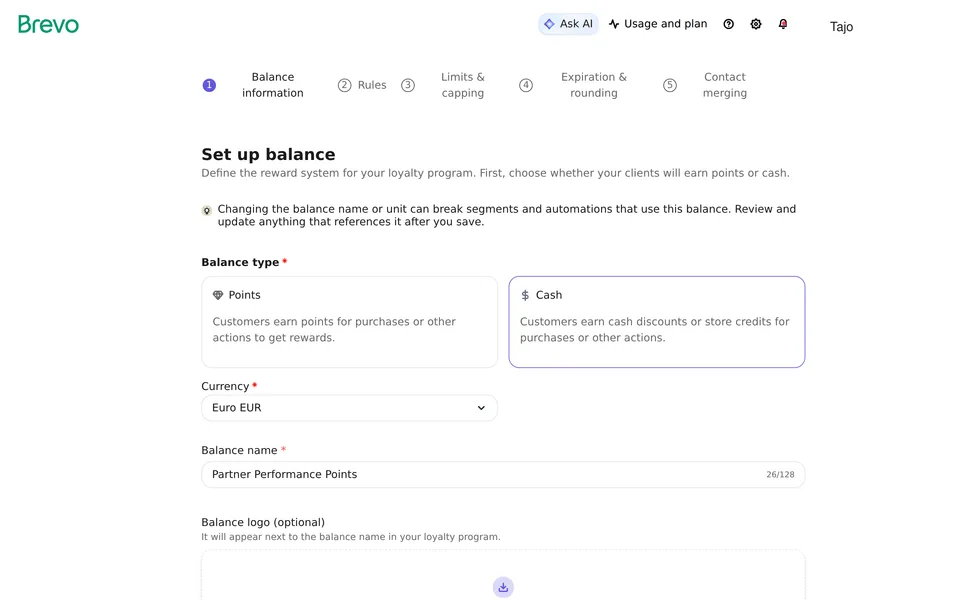 Loyalty Create Balance Brevo interface screenshot