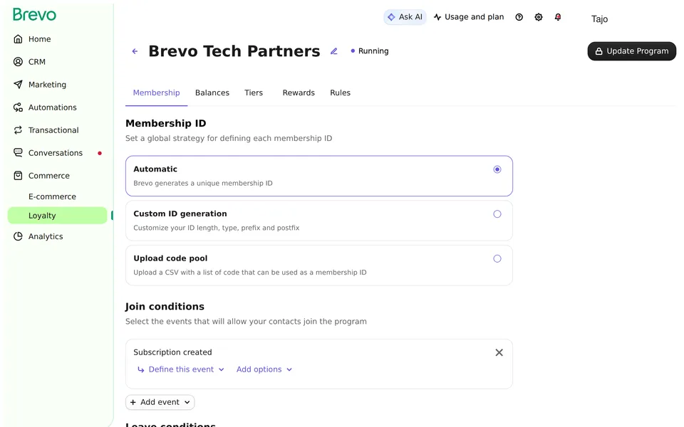 Loyalty Dashboard Brevo interface screenshot