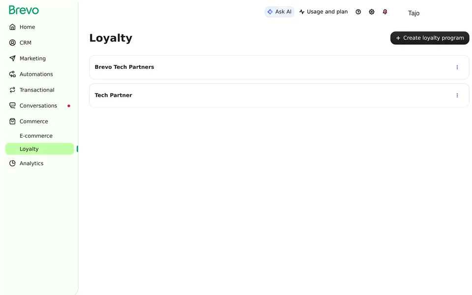 Loyalty Brevo interface screenshot