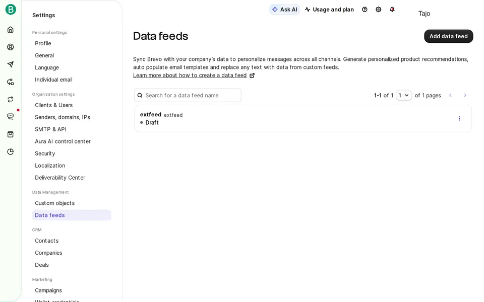 Marketing External Feeds Brevo interface screenshot