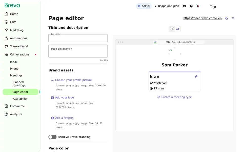 Meetings Customize Booking Brevo interface screenshot