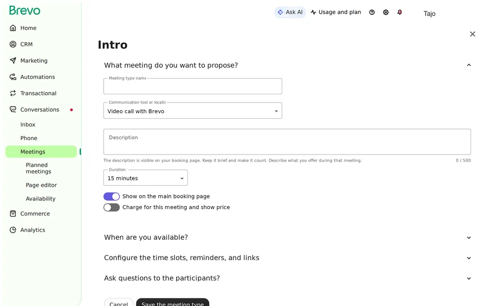 Meetings Offer Personal From All Offer Brevo interface screenshot