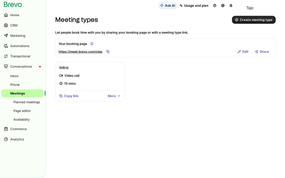 Meetings Offers Brevo interface screenshot