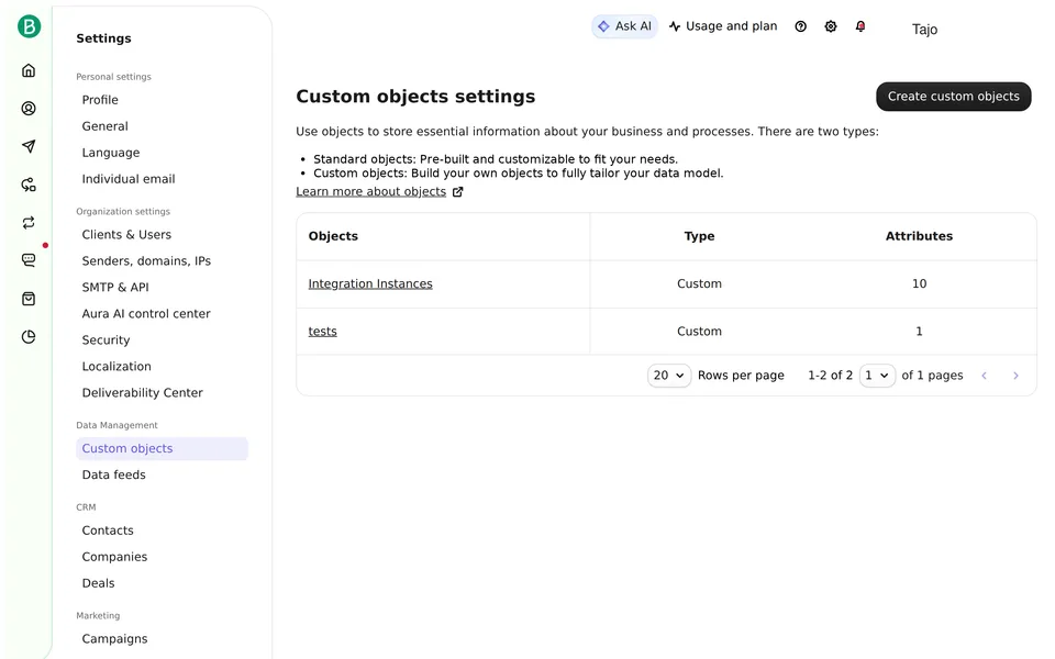 Objects Settings Brevo interface screenshot
