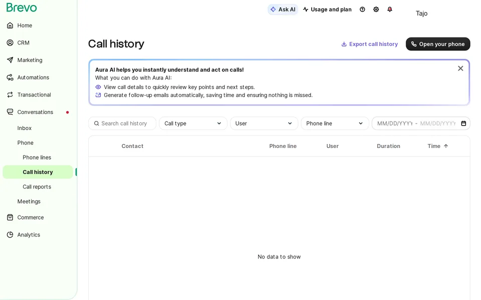Phone Call History Brevo interface screenshot