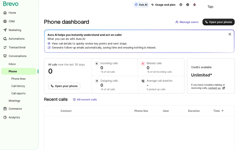 Phone Dashboard Brevo interface screenshot
