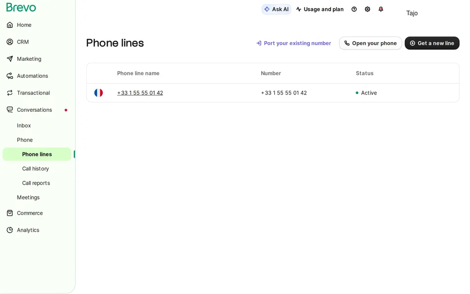 Phone Lines Brevo interface screenshot