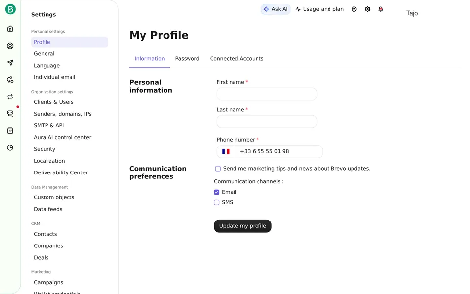 Profile Information Brevo interface screenshot