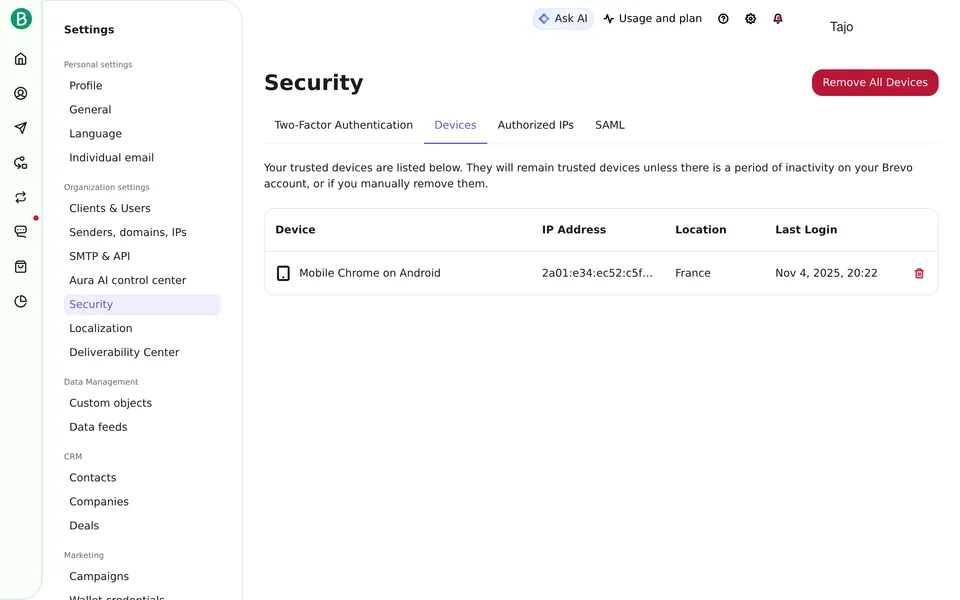 Security Devices Brevo interface screenshot