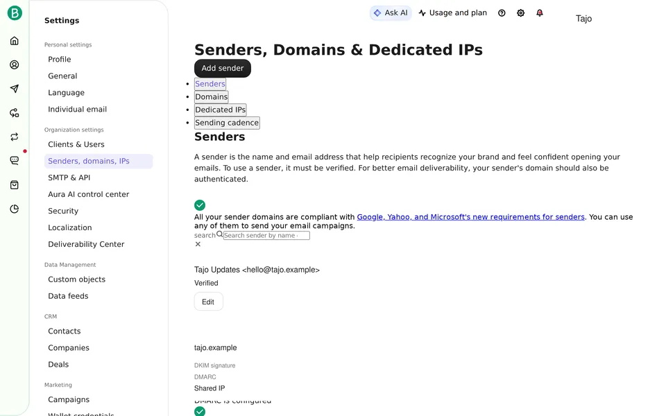 Senders List Brevo interface screenshot