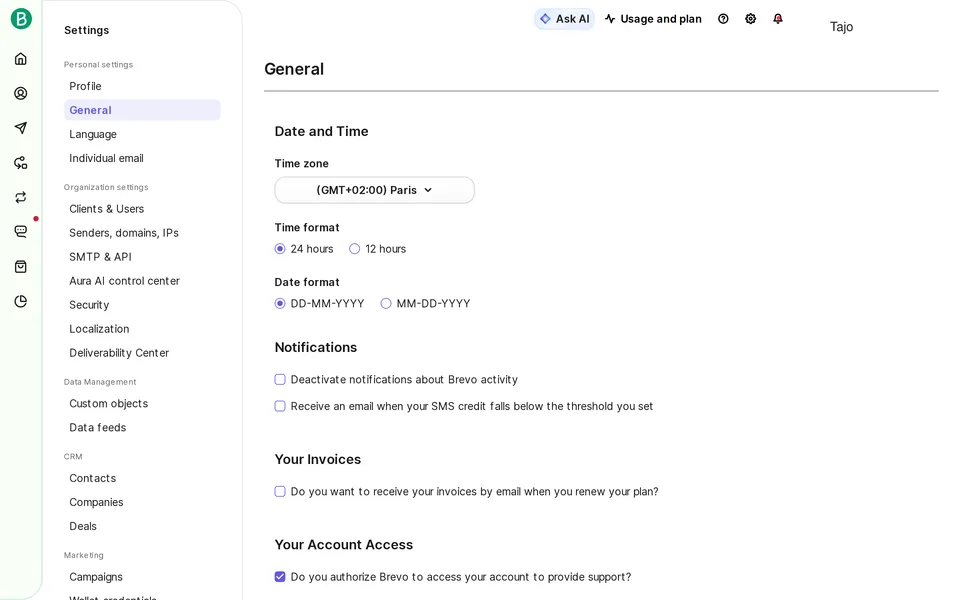 Settings Advanced Brevo interface screenshot