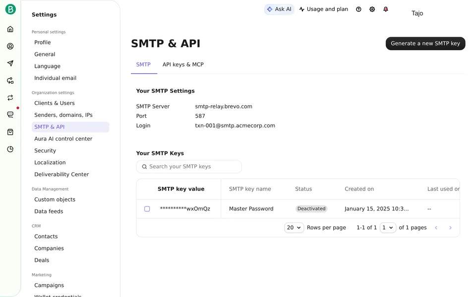 Settings Keys Smtp Brevo interface screenshot
